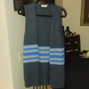 Vintage St Johns Knits Gray w/ Blue Stripe Open Long Cardigan Duster Coat Large